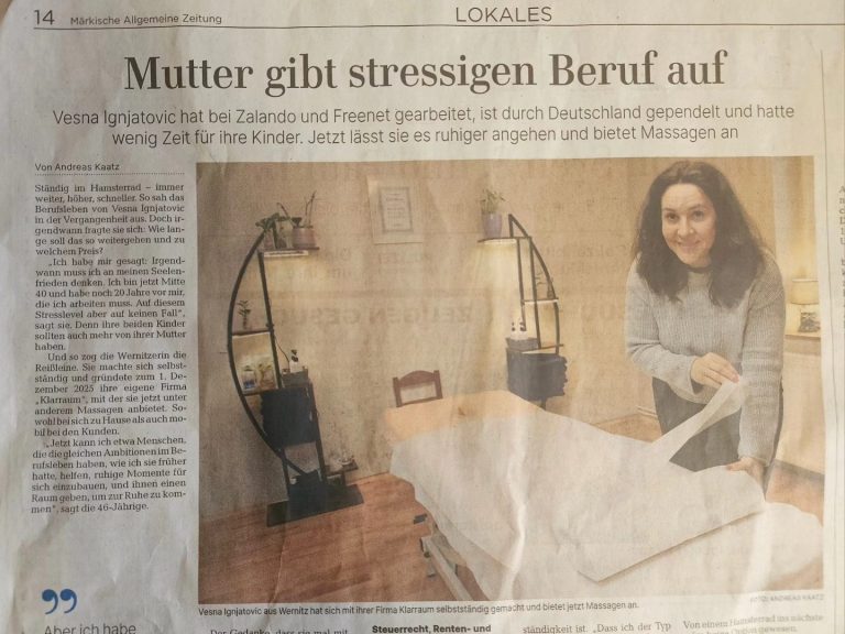 Zeitungsartikel in der Märkischen Allgemeinen Zeitung (MAZ) über den Weg in die Selbstständigkeit von Klarraum Balance.